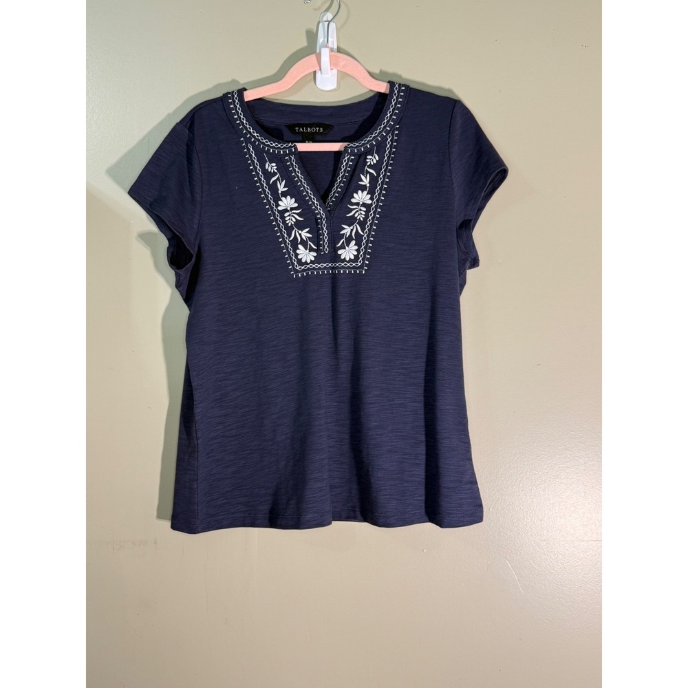 Talbots Navy Blue Embroidered Split Neck Short Sleeve Knit Top 2181000 cottage